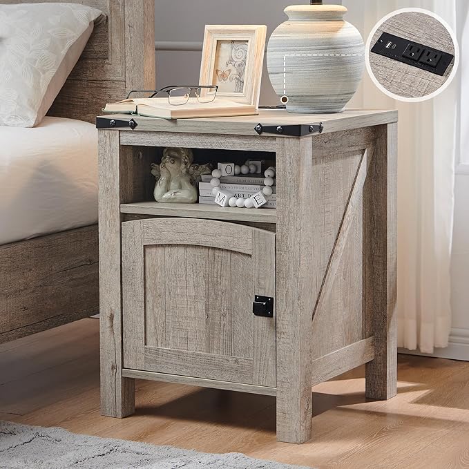 OKD Farmhouse End Table with Charging Station, 18" Rustic Nightstand with Adjustable Storage Shelf, Wood Rustic Wood Sofa Side Table for Bedroom