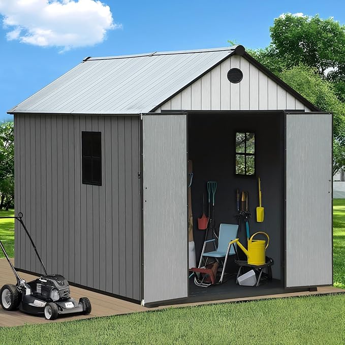 Resin Shed, Outdoor Shed with Floor, Outside Storage Sheds with Lockable Door, Window, Vents for Backyard, Garden, Lawn (7FT x 9FT)
