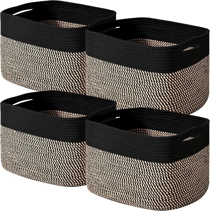 Storage Baskets for Shelves Organizing, Woven Cotton Rope Baskets for Storage, Book Basket, Decorative Shelf Basket, 12.5"Lx9.1''Wx7.9''H (4 Packs) Black & Jute