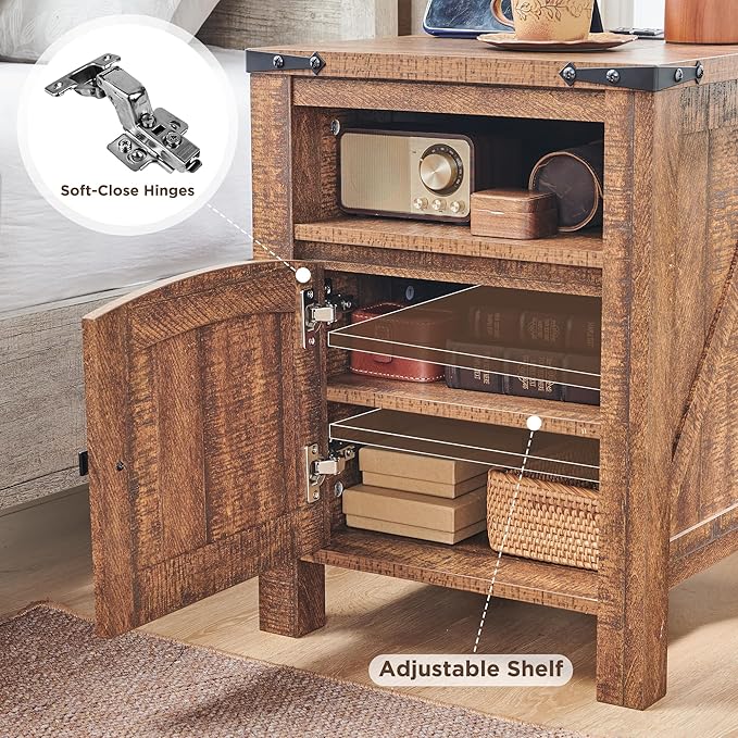 OKD Nightstand with Charging Station Set of 2, 18 Inchs Farmhouse End Table with Adjustable Storage Shelf, Rustic Wood Sofa Side Table for Living Room, Bedroom