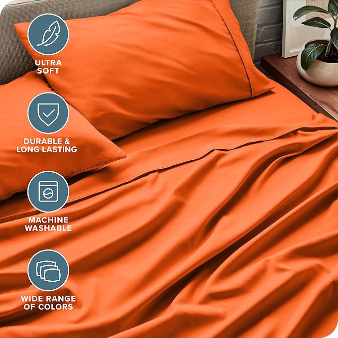 Bare Home Queen Sheet Set - Luxury 1800 Ultra-Soft Microfiber Bed Sheets - Double Brushed - Deep Pockets - Easy Fit - 4 Piece Set - Bedding Sheets & Pillowcases (Queen, Orange)