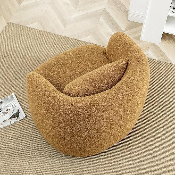 KINWELL 34" Wide Boucle Swivel Barrel Chair, No Assembly Round Upholstered Armchair Accent Chair Single Sofa Chair with Toss Pillow for Living Room and Bedroom, Brown