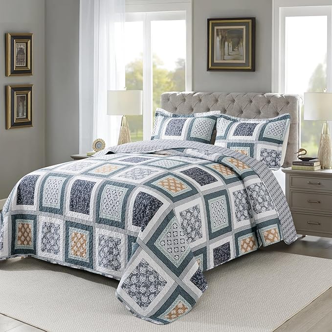 NEWLAKE Quilt Bedspread Sets - Bohemian Farmhouse Pattern Reversible Coverlet Set, King Size