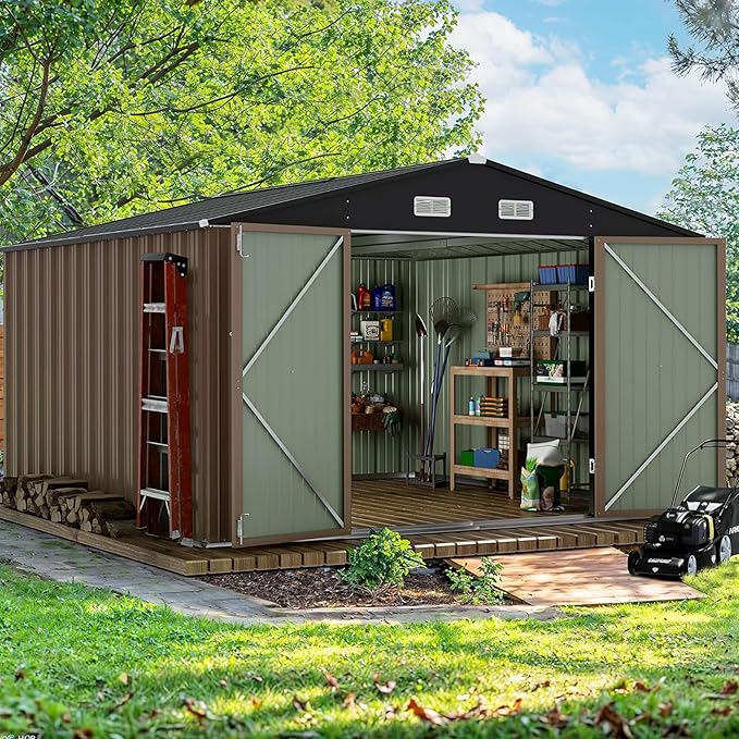 Devoko 10 x 10 FT Outdoor Storage Shed, Metal Garden Sheds & Outdoor Storage Clearance, Large Tool Shed Outdoor with Single Lockable Door for Patio Lawn Backyard (Brown)