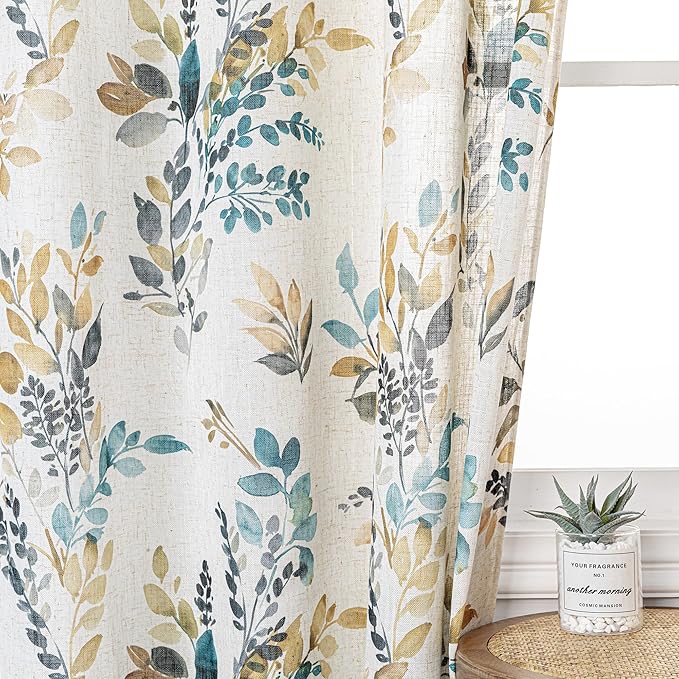 MYSKY HOME Linen Sheer Curtains for Living Room Leaf Patterned Semi Vertical Drapes Decor Farmhouse Style Texture for Dining Room Light Soften Privacy, Yellow and Blue, W52 x L90, Pack-2