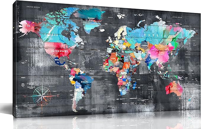 ZHAOSHOP Teal Bedroom Wall-Art - World Map Wall Decor - World Maps For Wall Ready To Hang Size 40" x 20"