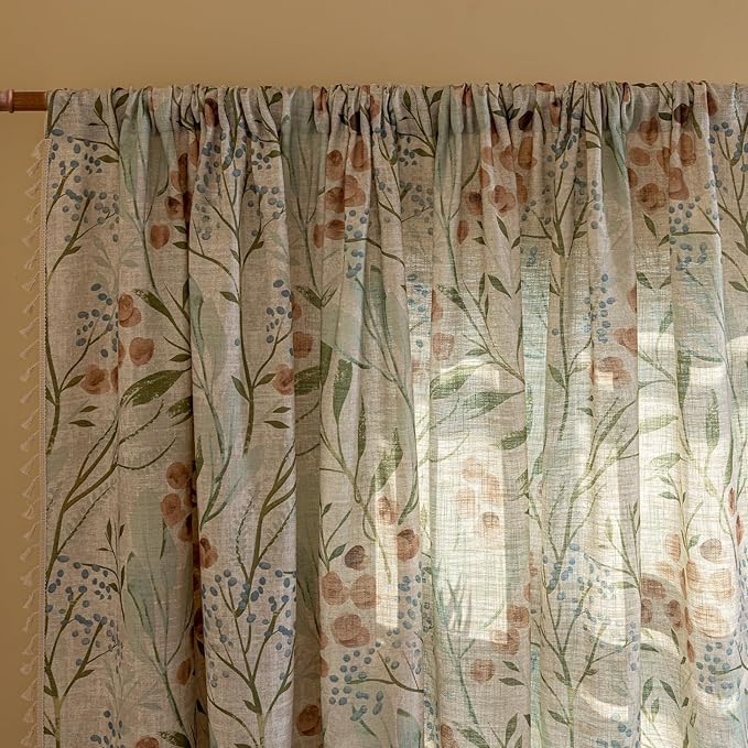 ENJOYBRIDAL Floral 84 Inch Curtains for Bedroom Decor Drapes Floor Length Semi Sheer Rod Pocket Living Room Window Curtain Panels Light Filtering Boho 4 Panels Tassel Vintage Window Treatments