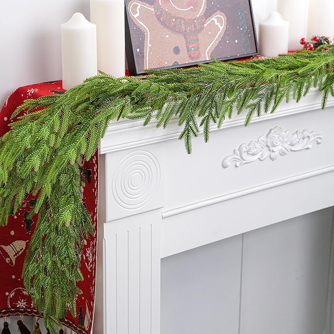 Watayo 2 Pcs Christmas Norfolk Pine Garland, 6 Ft Dense Real Touch Pine Garland Ornament, Realistic Artificial Pines Greenery Garlands for Mantle, Table, Fireplace, Indoor, Outdoor Xmas Decoration