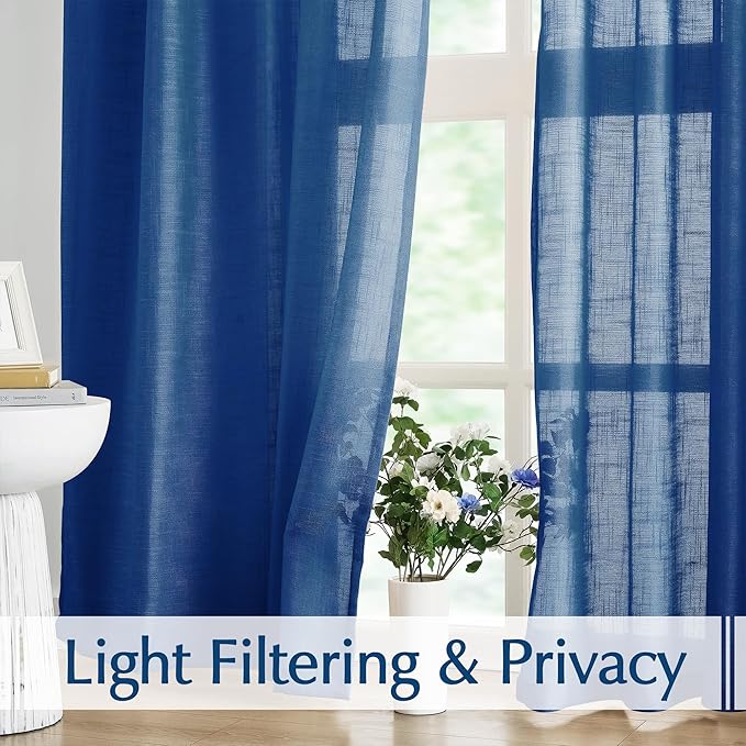 FMFUNCTEX Linen Semi Sheer Curtains 84 Inches Long for Bedroom, Navy Blue Pinch Pleated Curtains for Living Room, Light Filtering Farmhouse Window Drapes Rod Pocket Back Tab 2 Panels Set