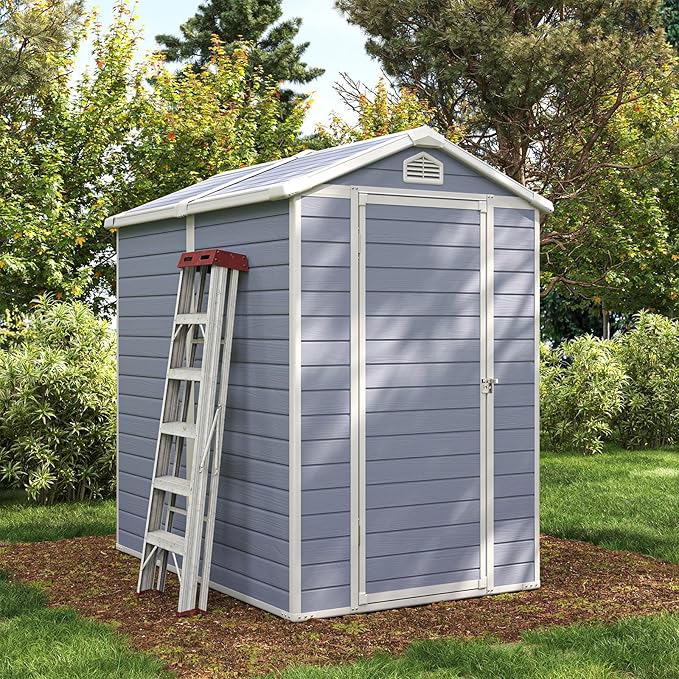 Aoxun 4 x 6 FT Outdoor Storage Shed with Window, Resin Shed with Floor & Lockable Doors, Small Garden Shed Waterproof Plastic Tool Shed with Sloped Roof for Backyard, Garden, Patio, Lawn, Grey