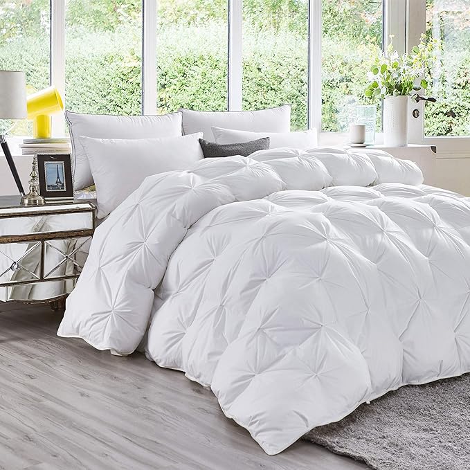 Luxurious All-Season Goose Down Feather Fiber Comforter Super King Size Duvet Insert (120x120), Exquisite Pinch Pleat Design- White, Premium Baffle Box, 100% Egyptian Cotton Cover, 85 oz. Fill Weight