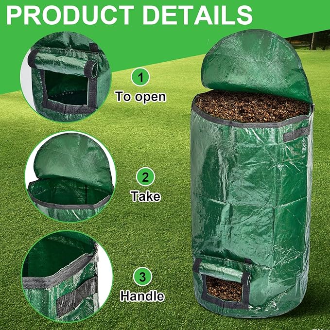 Ctosree 4 Pieces Compost Bin Bags Large 34 Gallon Reusable Yard Waste Lawn Bags Heavy Duty Garden Composting Garbage Can Outdoor Container with Zipper Lid and Handles for Loading Leaf Trash