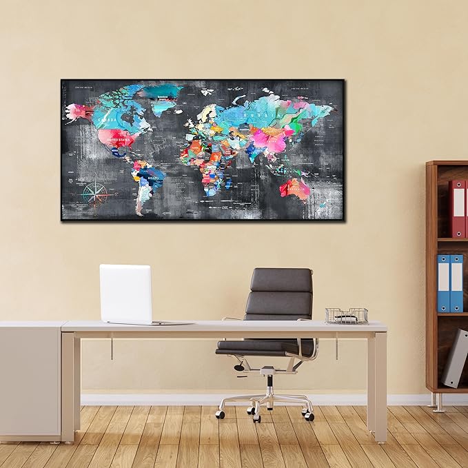 ZHAOSHOP World Map Canvas Wall Art with Frame - Office Artwork Wall Decor - Teal and Gray Wall Art for Living Room Large Size Ready to Hang Size 29" x 59"