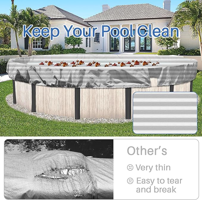 ECOOPTS 17 ft Round Pool Cover for Above Ground Pools, Swimming Pool Cover Protector Winter Safety Cover (Gray White Stripes)
