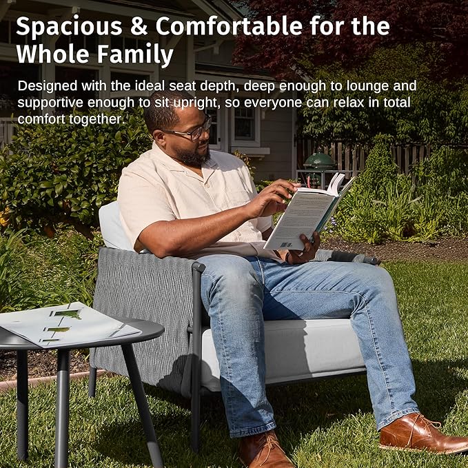 EAST OAK 3-Piece Patio Furniture Set | Armchairs & Coffee Table | Outdoor Furniture with Cushions | Deep Seating Modern Conversation Set | Garden, Porch, Balcony & Backyard | Misty Grey