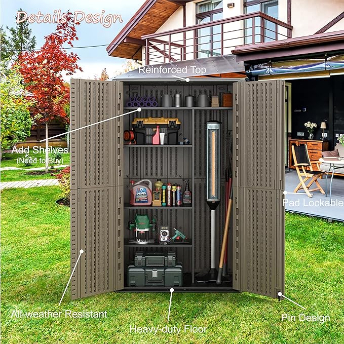 Sheds & Outdoor Storage, 52 Cu.ft Vertical Storage with Floor, Cabinet Waterproof for Garage Pool Bike Shed, Garden , Coffee Brown