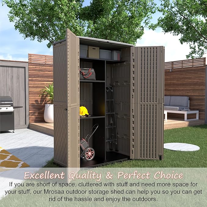 Sheds & Outdoor Storage, 52 Cu.ft Vertical Storage with Floor, Cabinet Waterproof for Garage Pool Bike Shed, Garden , Coffee Brown