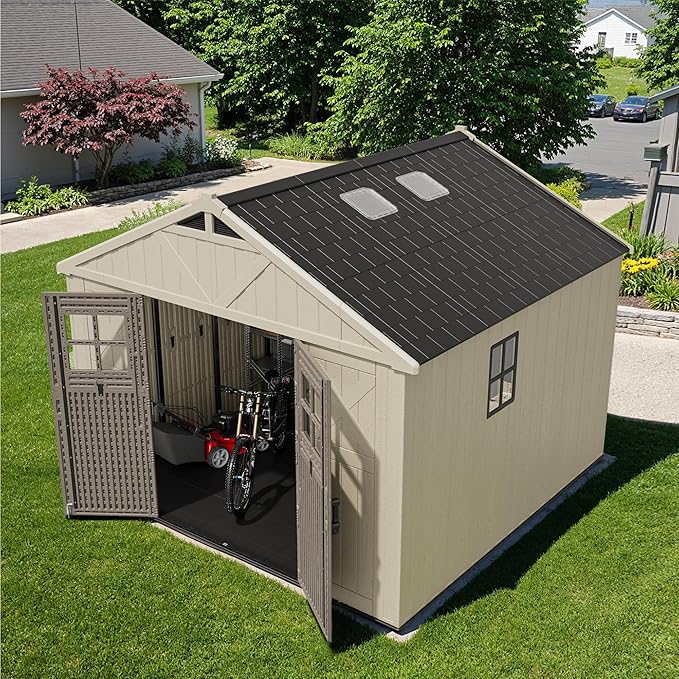 Devoko 10 x 10 FT Plastic Outdoor Storage Shed with Windows, Resin Tools Shed with Floor Large Storage Garden Shed for Patio,Garden, Backyard, Lawn, Beige