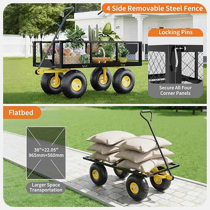 900 Lbs Garden Wagon, 2-in-1 Heavy-Duty Steel Garden Cart, with 10 Inch All-Terrain Tires and Removable Mesh Side Panels, 180° Rotating Handle, Metal Utility Yard Trailer, Outdoor Gardens Wagon Cart