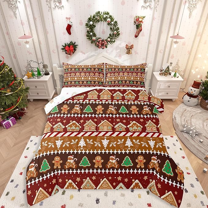 Feelyou Merry Christmas Comforter Set Full Size Greenland Home Bedding Set for Kids Boys Girls Xmas Tree Duvet Quilt Striped Bedroom Decor Microfiber 3 Pcs with 2 Pillow Cases