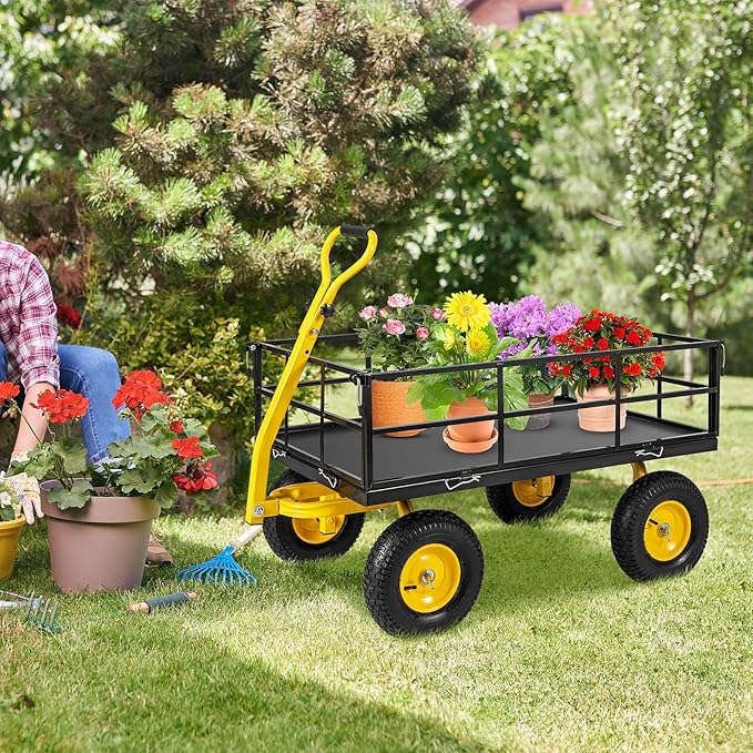 Utility Garden Cart, 1200 lbs Capacity Heavy Duty Wagon Cart with Rotating Handle, Removable Sides & 13" Wheels, Metal Utility Cart for Outdoor Hauling & Gardening