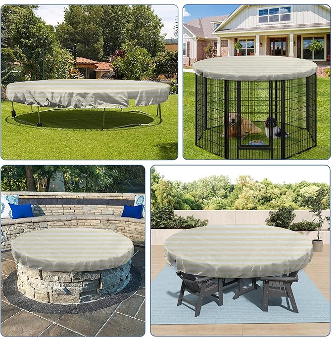 ECOOPTS 7 ft Round Pool Cover for Above Ground Pools, Swimming Pool Cover Protector Winter Safety Cover (Beige White Stripes)