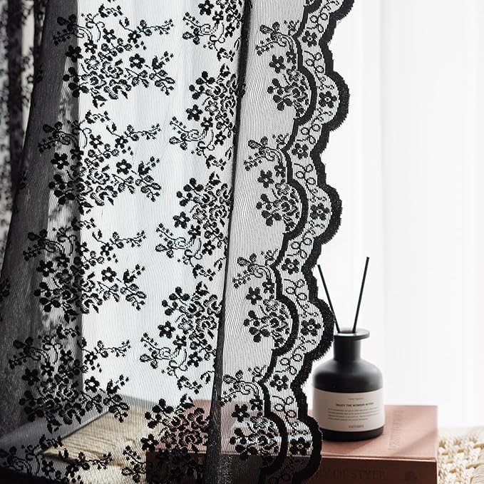 Anmao Vintage Lace Curtains 108 Inches Long 2 Panels Set, Romantic Elegant Light Filtering Semi Sheer Floral Thick Lacy Curtain Drapes for Living Room and Bedroom, Each Panel 55W x 108L, Black