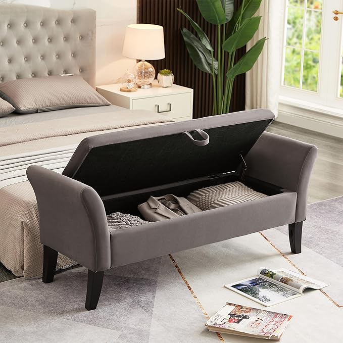 Furniliving 51” Bedroom Bench, End of Bed Bench with Button-Tufted Large Upholstered Storage Bench Ottoman Velvet Window Bench with Storage Shoe Cabinet Bench, for Bedroom, Entryway, Closet, Grey