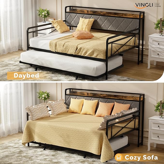 VINGLI Full Daybed with Trundle Bed, Upholstered Day Bed with LED Light &