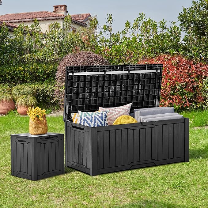 YITAHOME 120 Gallon Large Deck Box, Resin Outdoor Storage Box for Outdoor Pillows, Garden Tools and Pool Supplies, Waterproof, Lockable, Black