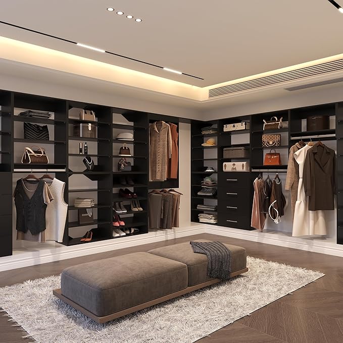 Tall Hanging Closet Unit, Modular Closet System, Wood Closet System Organizer with Storage for Walk in Closets, Clothing Rack Wardrobe Closet for Hanging Clothes, Bedroom, Black, 19.5" W