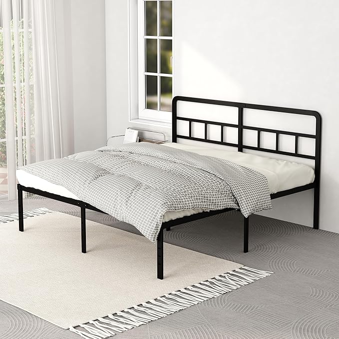 King Size Bed Frame with Headboard, 18 Inch Metal Platform No Box Spring Needed Heavy Duty Steel Slat Mattress Foundation/Easy Assembly/Noise Free/Black