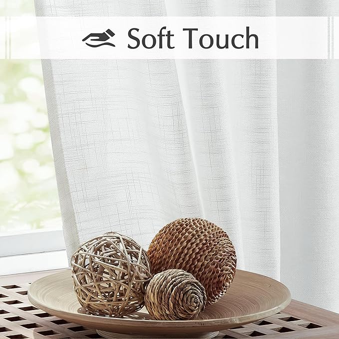 FMFUNCTEX Linen Semi Sheer Curtains 45 Inch Length for Bedroom Living Room, White Curtain Panels Sheer Linen Textured Window Drapes Farmhouse Light Filtering 2 Panels Rod Pocket