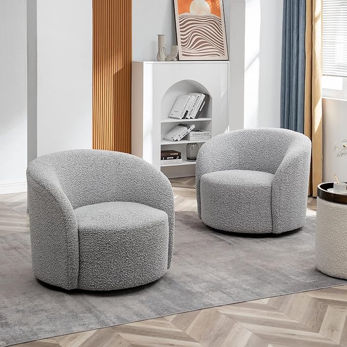 KINWELL 34" W Swivel Barrel Chair Set of 2, Mid Century Modern Round Upholstered Boucle Swivel Accent Chairs, No Assembly Sofa Chair for Living Room Bedroom Reading, Black White