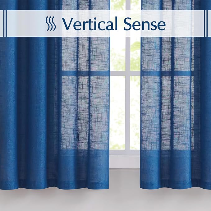 FMFUNCTEX Linen Semi Sheer Curtains for Bedroom, Navy Blue Curtains 63 Inch Length for Living Room, Country Farmhouse Sheer Drapes, Light Filtering Window Curtain, Grommet Top 2 Panels