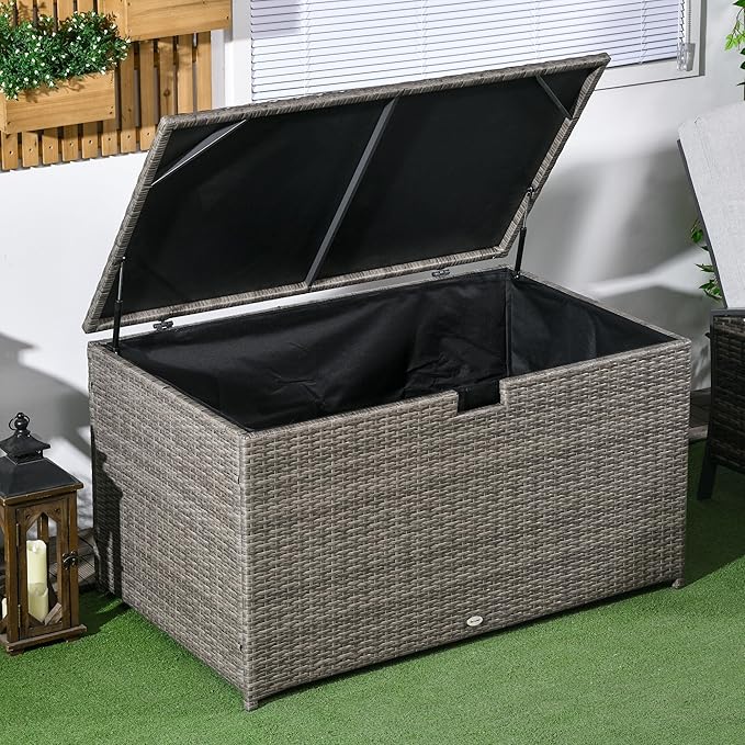 Outsunny 113 Gallon Deck Box, Rattan Outdoor Storage Box, Waterproof Storage Container for Indoor, Patio Furniture Cushions, Pool Supplies, Garden Tools, Gray