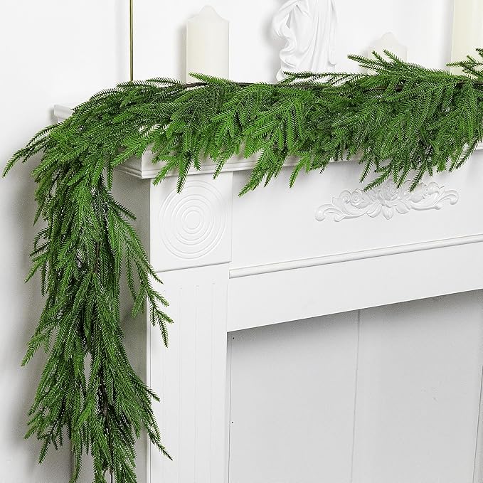 Watayo 2 Pcs Christmas Norfolk Pine Garland, 6 Ft Dense Real Touch Pine Garland Ornament, Realistic Artificial Pines Greenery Garlands for Mantle, Table, Fireplace, Indoor, Outdoor Xmas Decoration