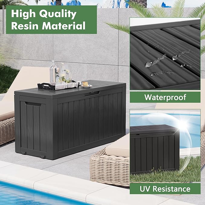 NUNU LAB 75 Gallon Outdoor Storage Box,Large Resin Sturdy Deck Box, Backyard Outside Storage Box Waterproof with Double Wall Panels,Package Delivery Garden Hose Storage Bin Outdoor Tool