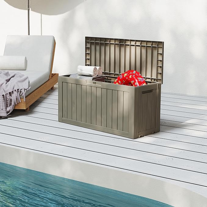 90 Gallon Outdoor Cushion Storage - Waterproof Deck Boxes for Outdoor, Space-Saving Deck Box with Lock for Patio/Pool Accessories, UV-Resistant Resin, Granite Grey