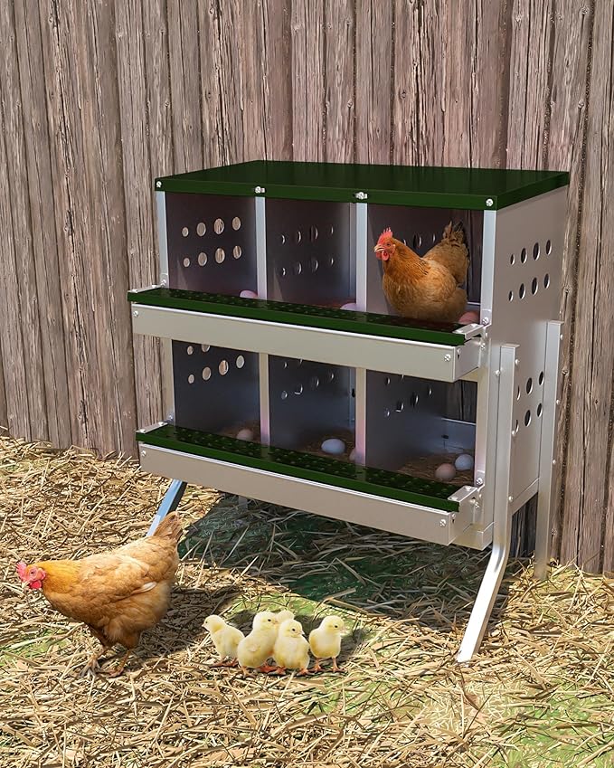 Chicken Nesting Boxes 6 Compartments, Metal Chicken Nesting Boxes, Waterproof & Rustproof Laying Boxes for Hens, Ventilation & Perch, Roll Away Egg Laying Box for Hens,Wall-Mountable & Freestanding