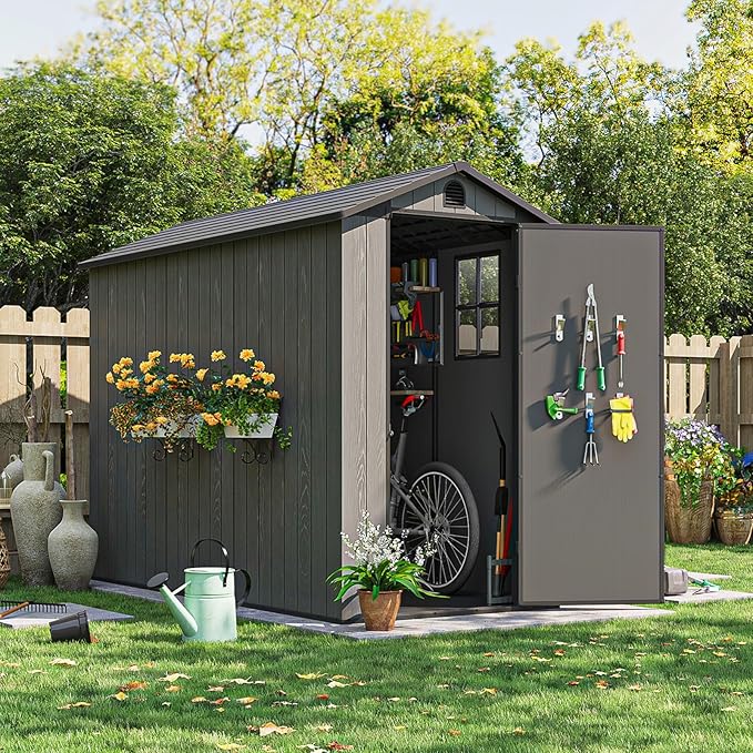 Patiowell 4 x 8 FT Plastic Outdoor Storage Shed with Floor, Garden Tool Shed with Two Windows and Single Lockable Door for Garden, Backyard, Lawn, Easy to Install (Deep Grey) (Fit-it Shed)