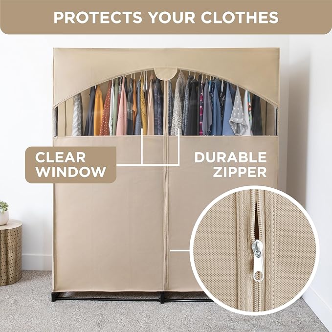 HOLDN’ STORAGE Portable Wardrobe Closet - 65 lb Large Capacity, Internal Heavy Duty Metal Rod, Zipper & Clear Window, Durable Clothes Organizer, Tool-Free Easy Assembly, Beige Canvas Cover
