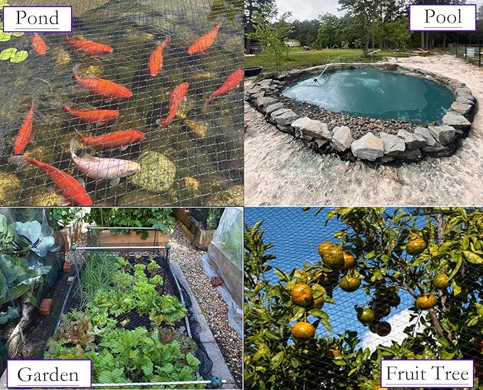 JUNFLYING 10x10 Ft Pond Netting for Leaves, 1/2 in Fine Mesh, Strong Woven Koi Fish Net Cover, Against Birds, Cats & Predators, Stakes Included