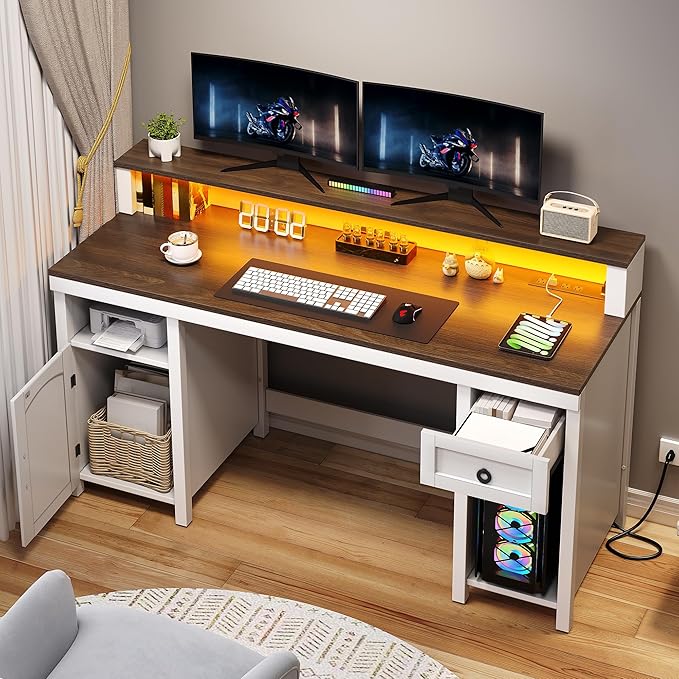 DWVO Farmhouse Office Desk with Drawer & Power Outlets, Wood Computer Desk w/LED Strip & Monitor Stand for Bedchamber Study, Home Office Table with Storage Cabinet for Working Writing Gaming (White)