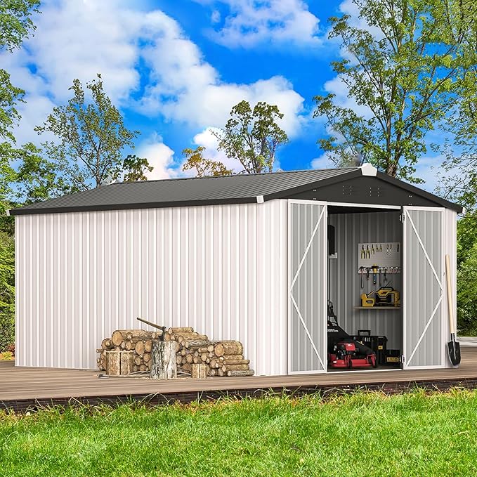 U-MAX 10x14 Shed, 14x10 Metal Outdoor Storage Shed, Large Outside Storage Garden Sheds & Outdoor Storage Clearance, Tool Shed Lockable for Backyard, Patio and Outside Use in White