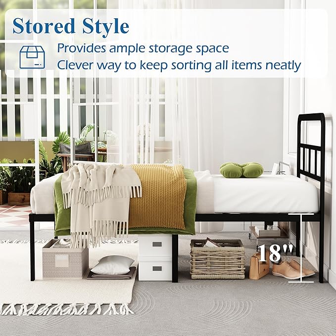 18 Inch Twin XL Bed Frame with Headboard No Box Spring Needed Metal Platform Heavy Duty Steel Slat Mattress Foundation/Easy Assembly/Noise Free/Black