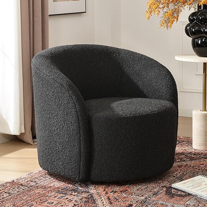KINWELL 34" W Mid Century Modern Swivel Barrel Chair, Round Upholstered Boucle Swivel Accent Chairs, No Assembly Sofa Chair for Living Room Bedroom Reading Apartment Lounge Nursery(Black)