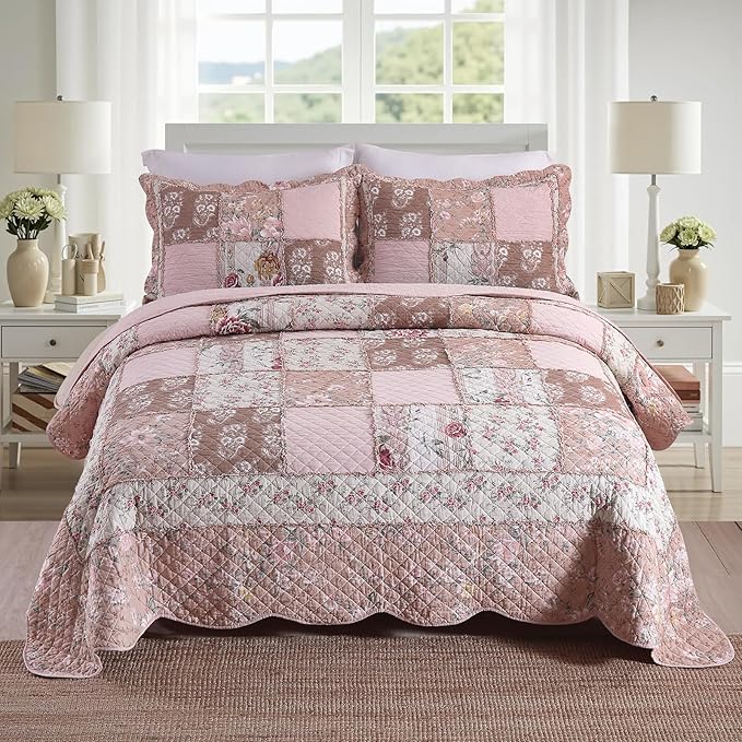 NEWLAKE Quilt Set Queen Size, Cotton Patchwork Pink Floral Quilt Sets, Real Stitched Embroidery Bedspread Lightweight and Breathable for All Seasons, Soft Quilted with 2 Pillow Shams