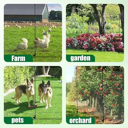 Temporary Fence with Step-in Stakes - 3ft x 100ft Plastic Mesh Fencing Safety Barrier for Dogs, Chickens - Portable Temporary Fencing with Posts for Backyard, Garden, Outdoor Animal Protection