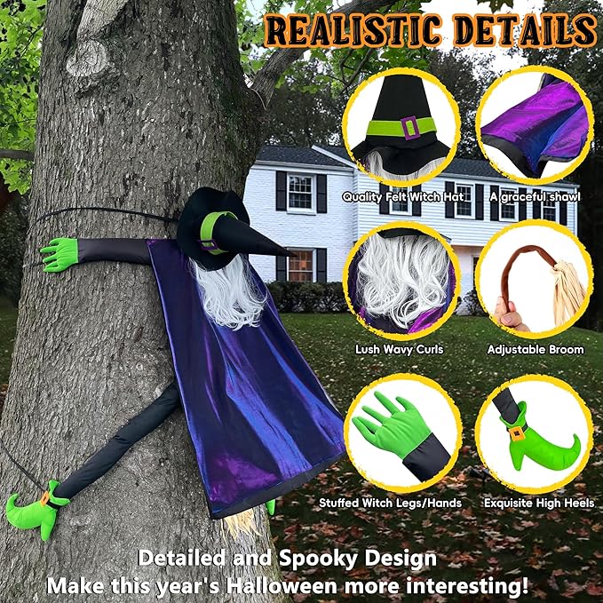 POPGIFTU 64" Large Crashing Witch into Tree Halloween Outdoor Decoration – Funny Flying Witch Yard Prop for Porch, Garden & Lawn, Weather-Resistant Halloween Decor